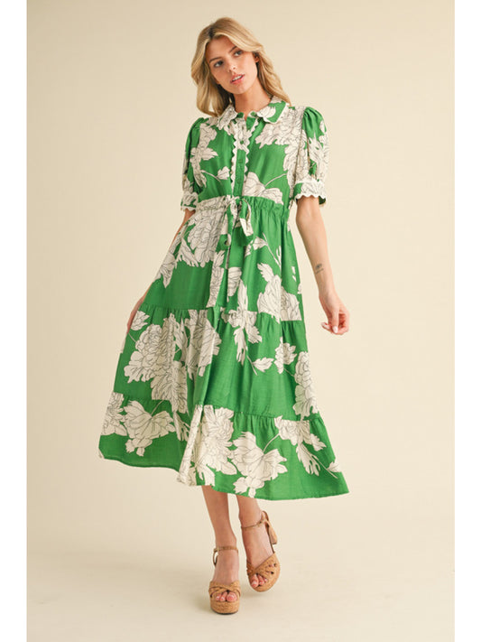 Green Flower Print Midi Dress