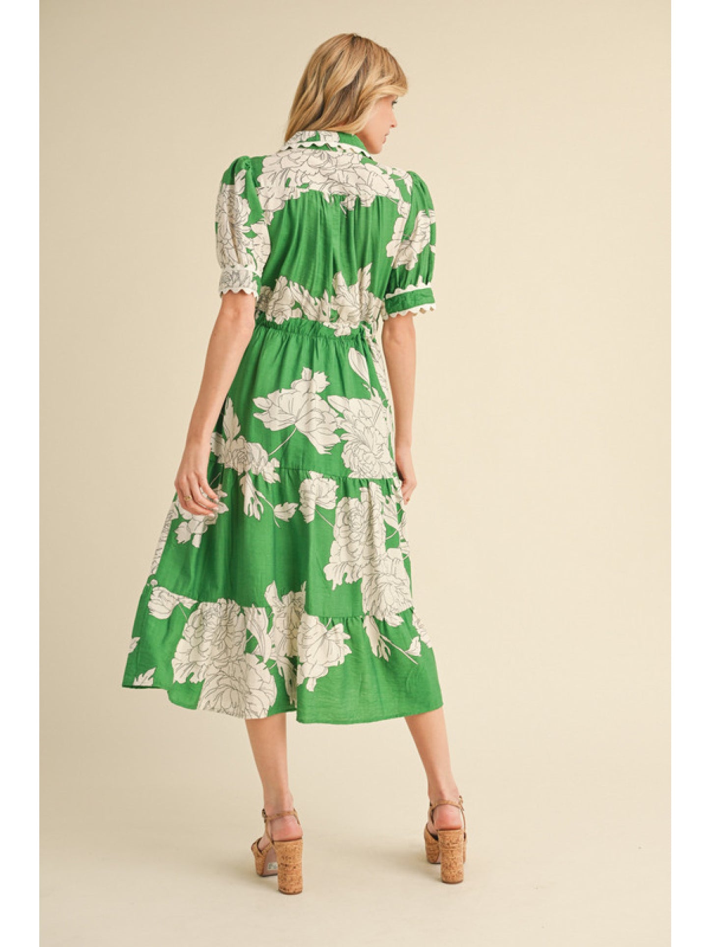 Green Flower Print Midi Dress
