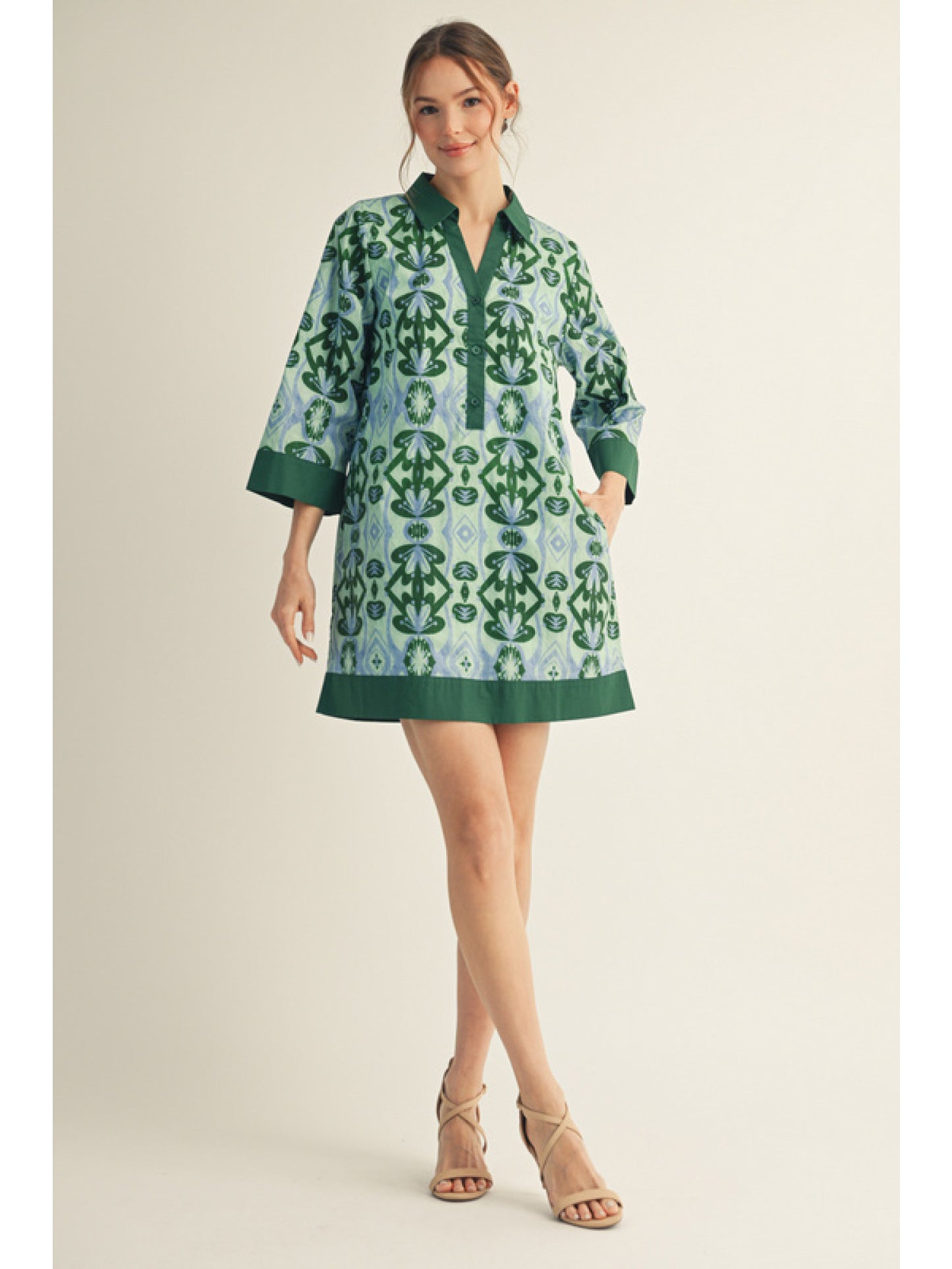Green 3/4 Sleeve Boho Floral Dress