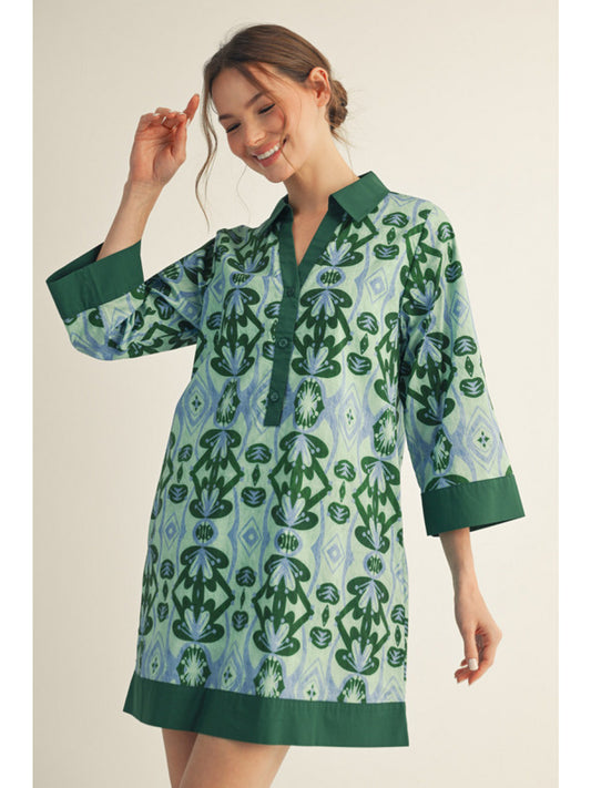 Green 3/4 Sleeve Boho Floral Dress