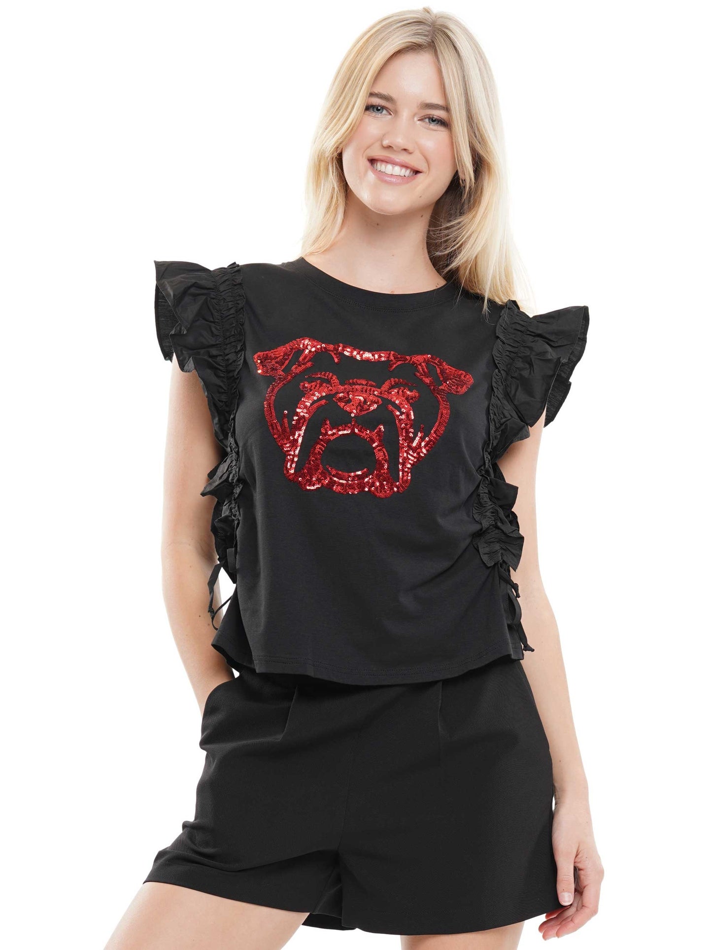 Red/Black Ruffle Sleeve Sequin Bulldog Top