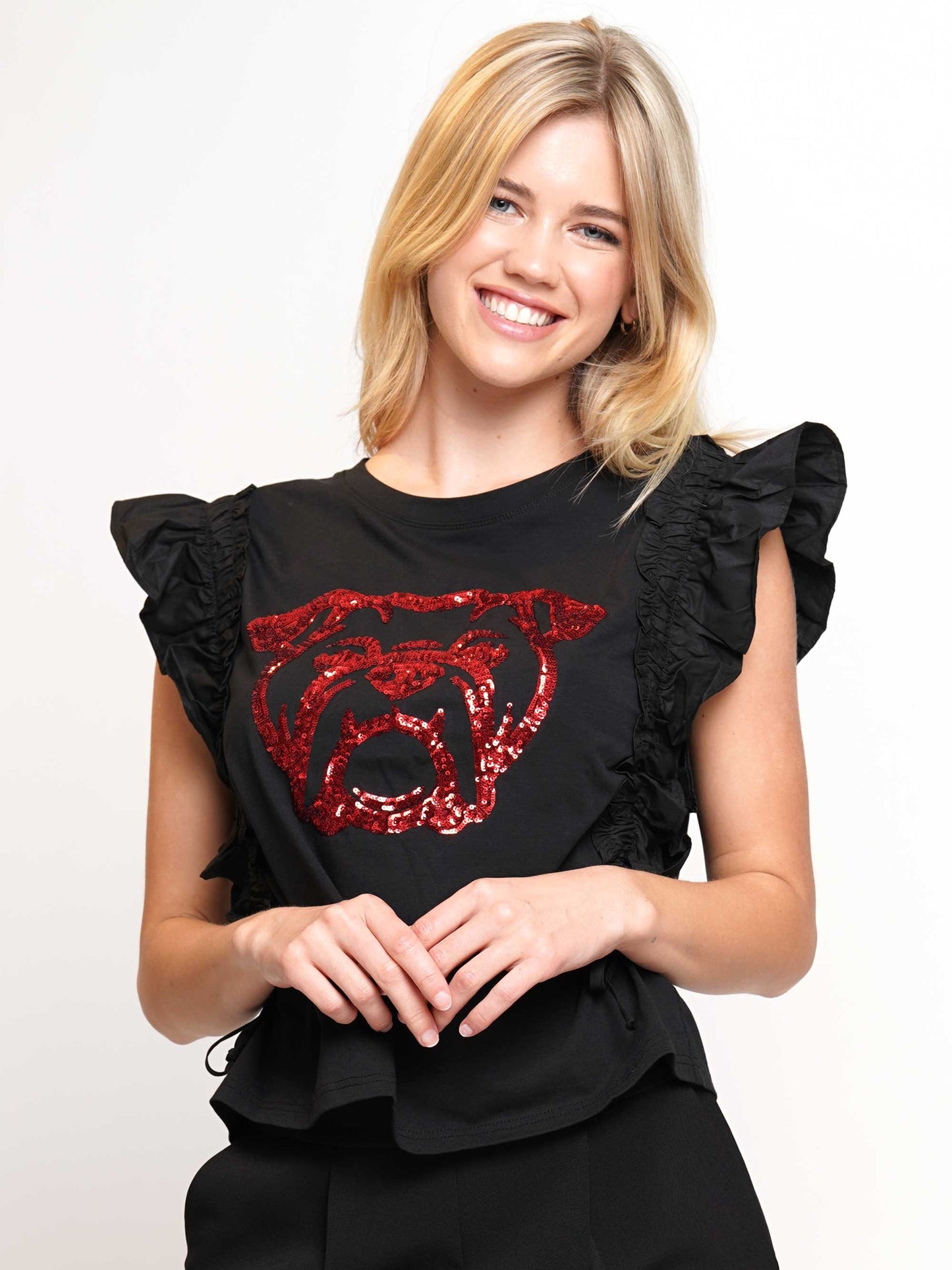 Red/Black Ruffle Sleeve Sequin Bulldog Top
