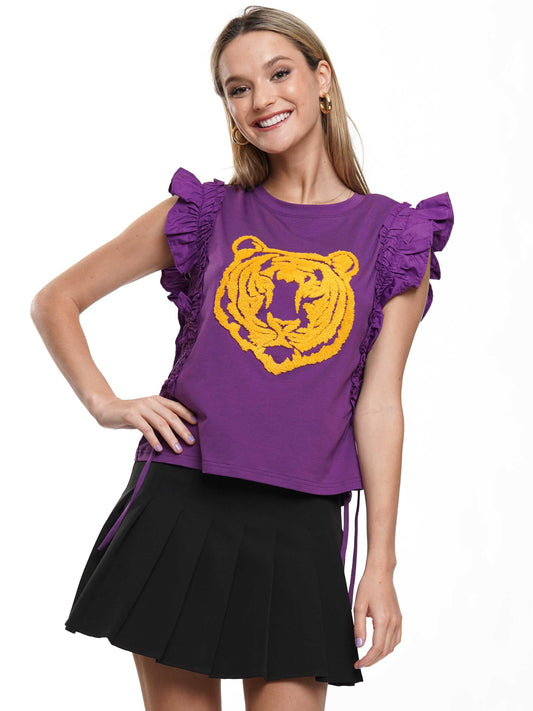 Purple/YellowTiger Shirring Sleeve Top