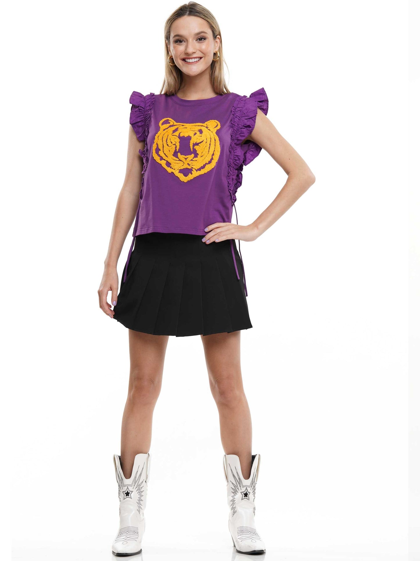 Purple/YellowTiger Shirring Sleeve Top