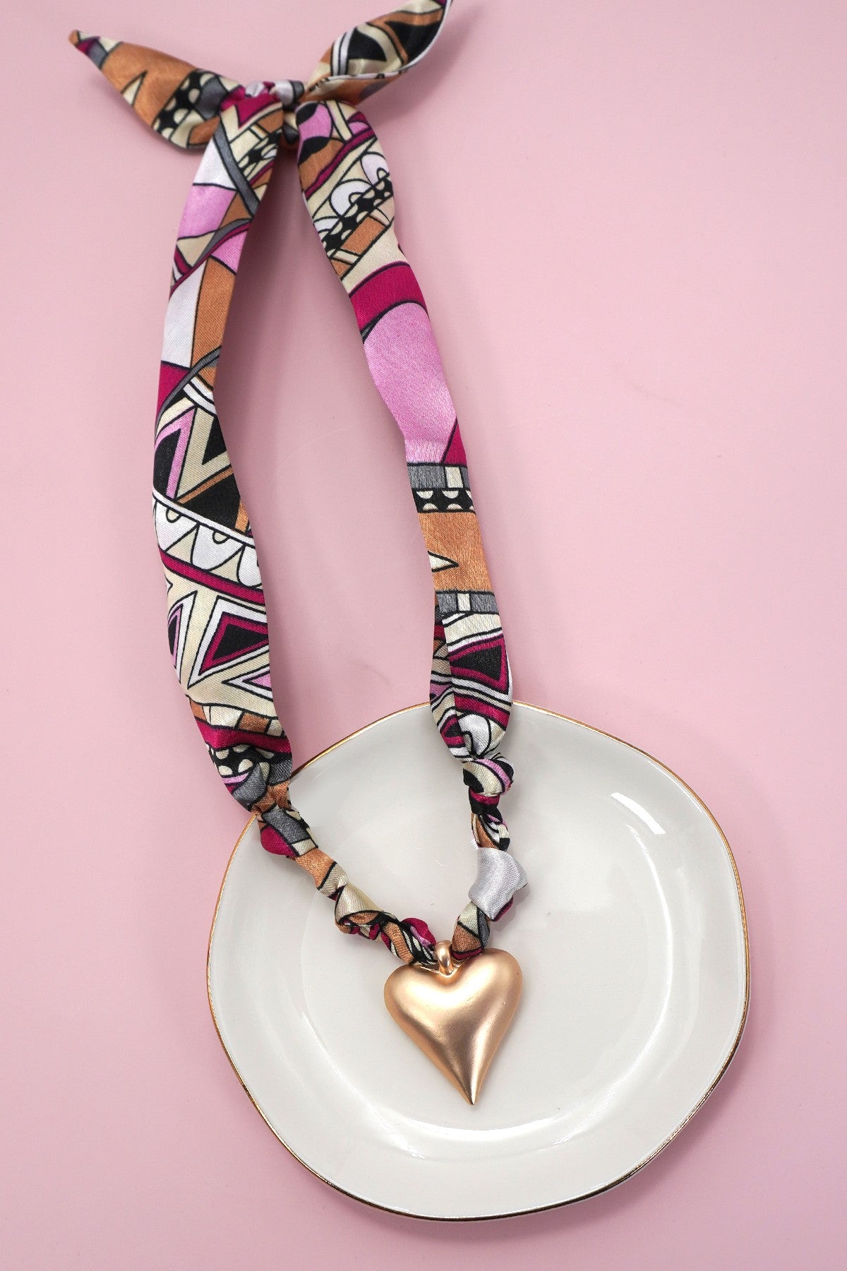 Burgundy/Gold/Black Handmade Scarf Necklace W/ Heart Charm