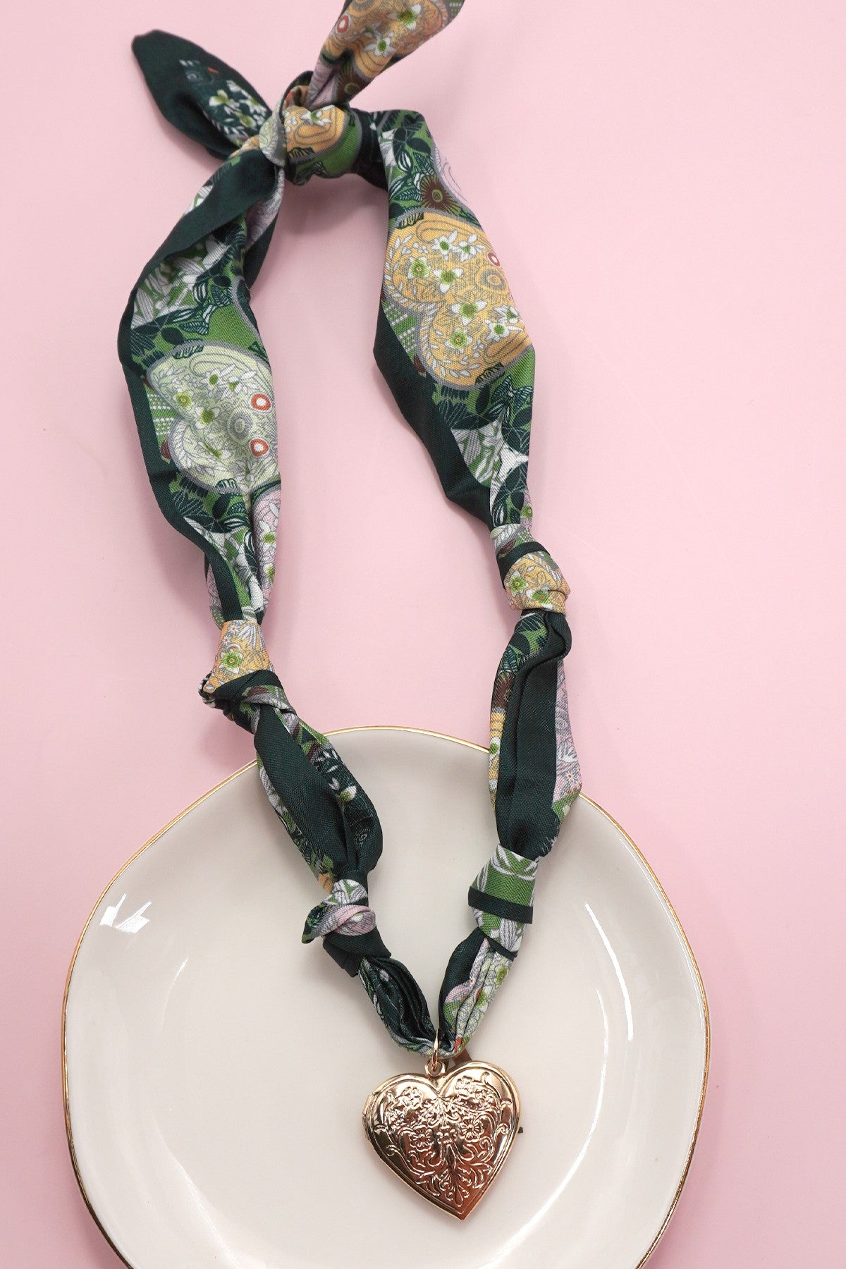 Green Print Handmade Scarf Necklace W/ Heart Charm