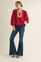 Red Long Sleeve Top With Plaid Contrast Hem