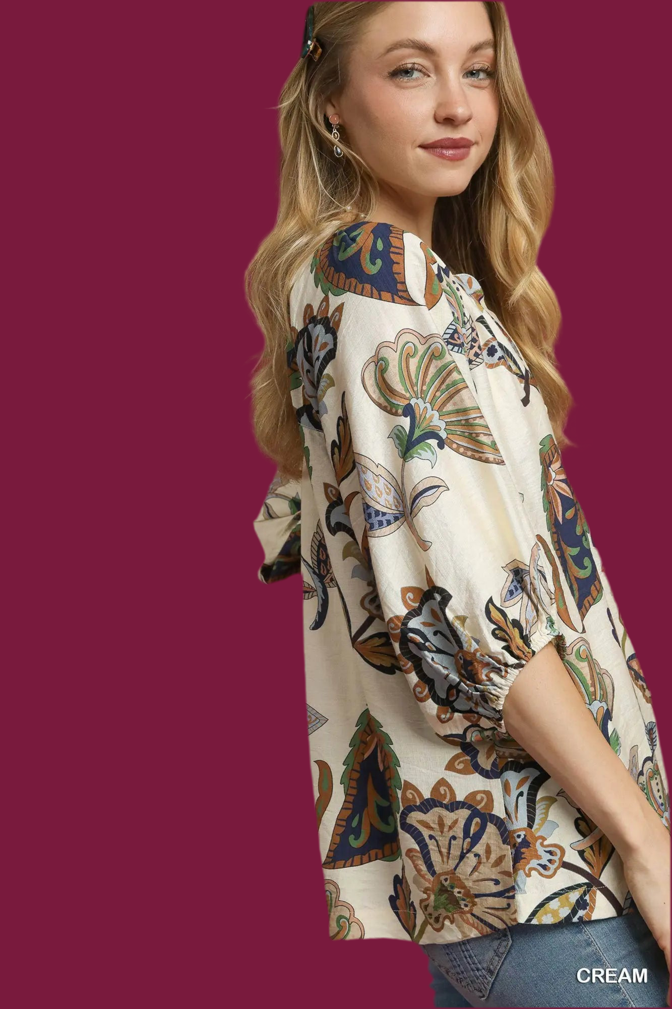 Cream Boho Paisley Puff Sleeve Blouse
