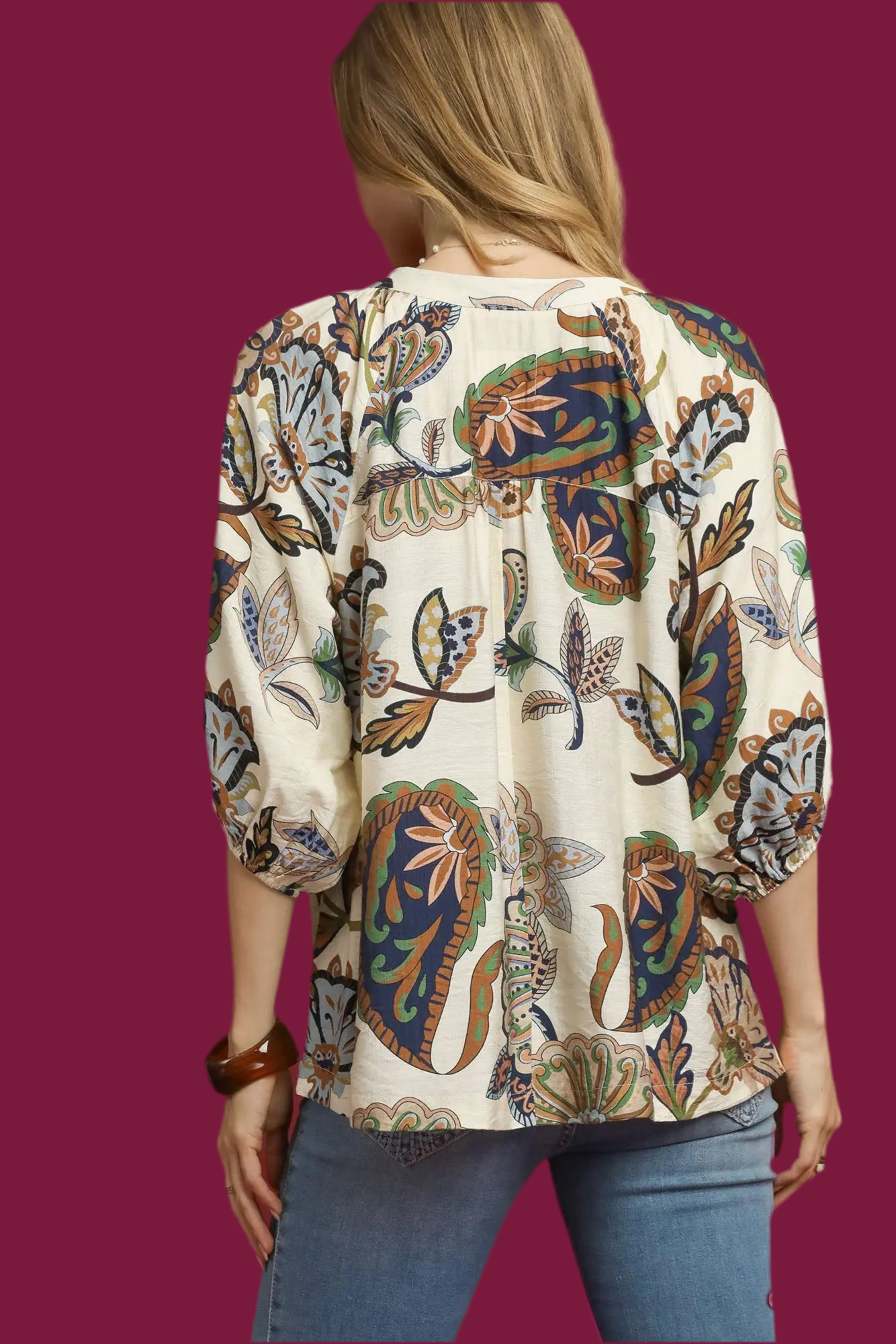 Cream Boho Paisley Puff Sleeve Blouse
