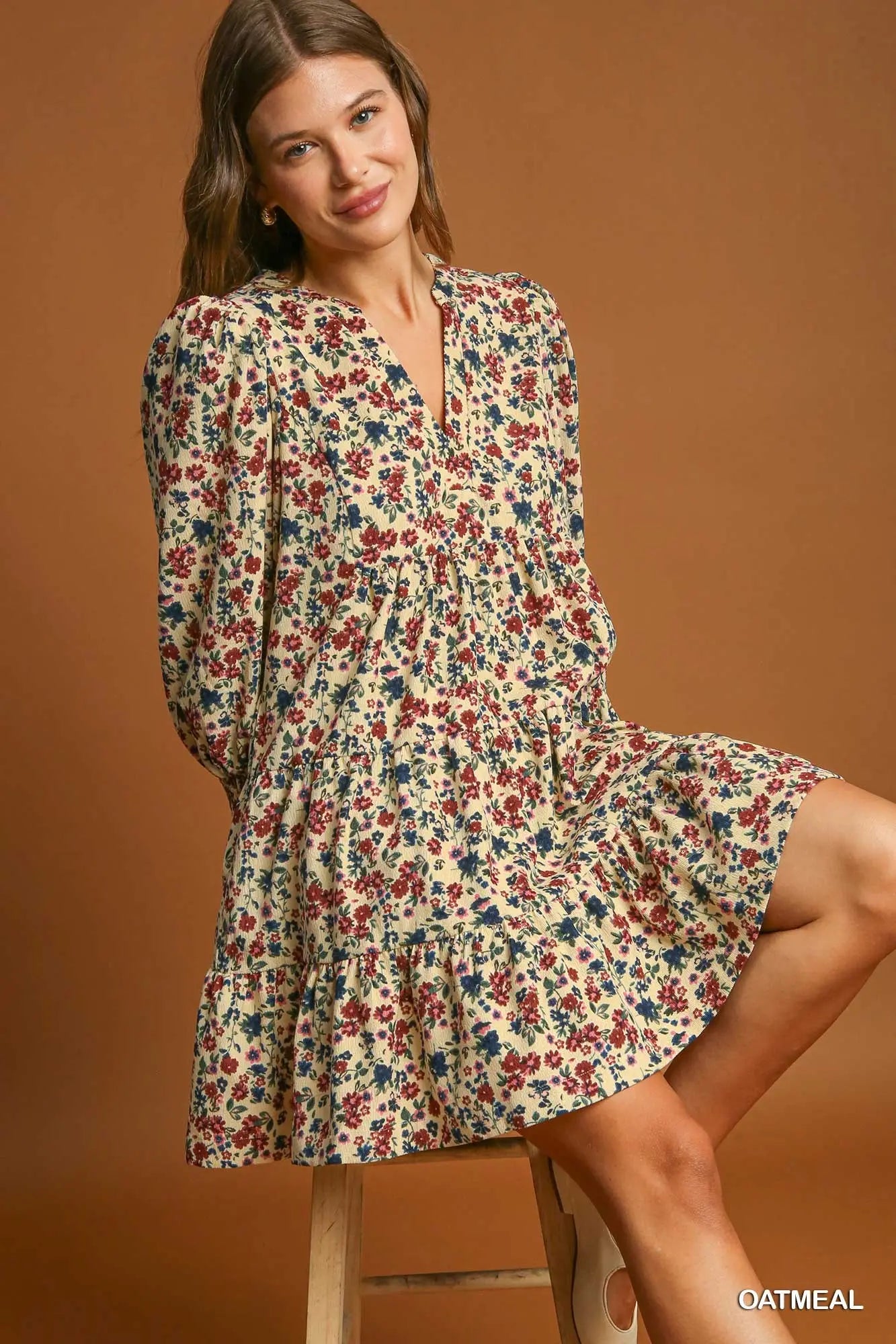 Oatmeal Floral Corduroy Dress