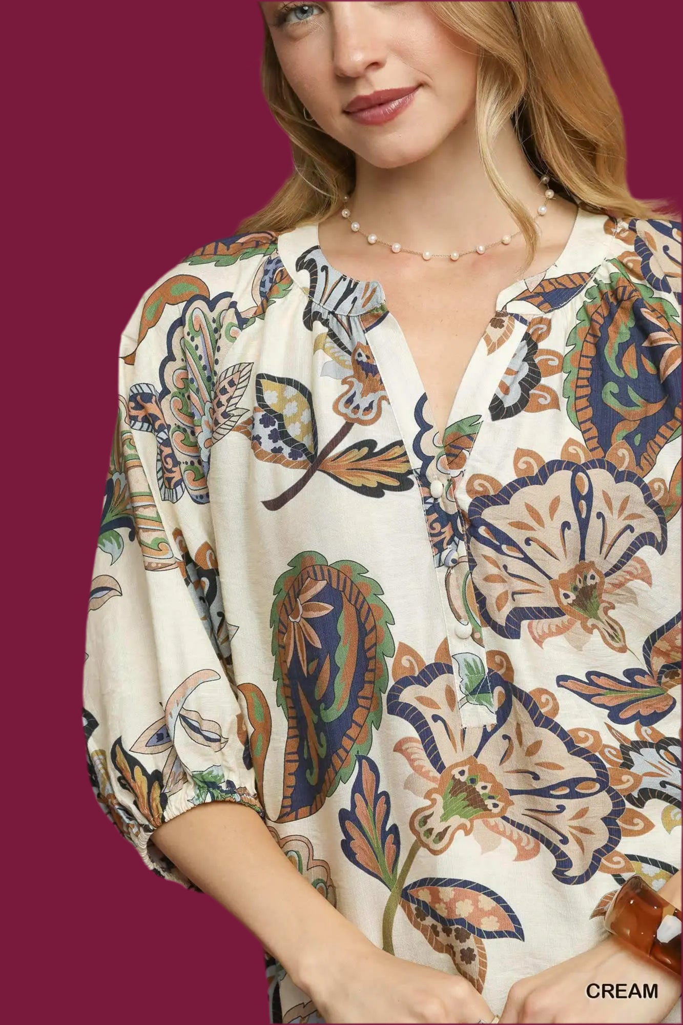 Cream Boho Paisley Puff Sleeve Blouse