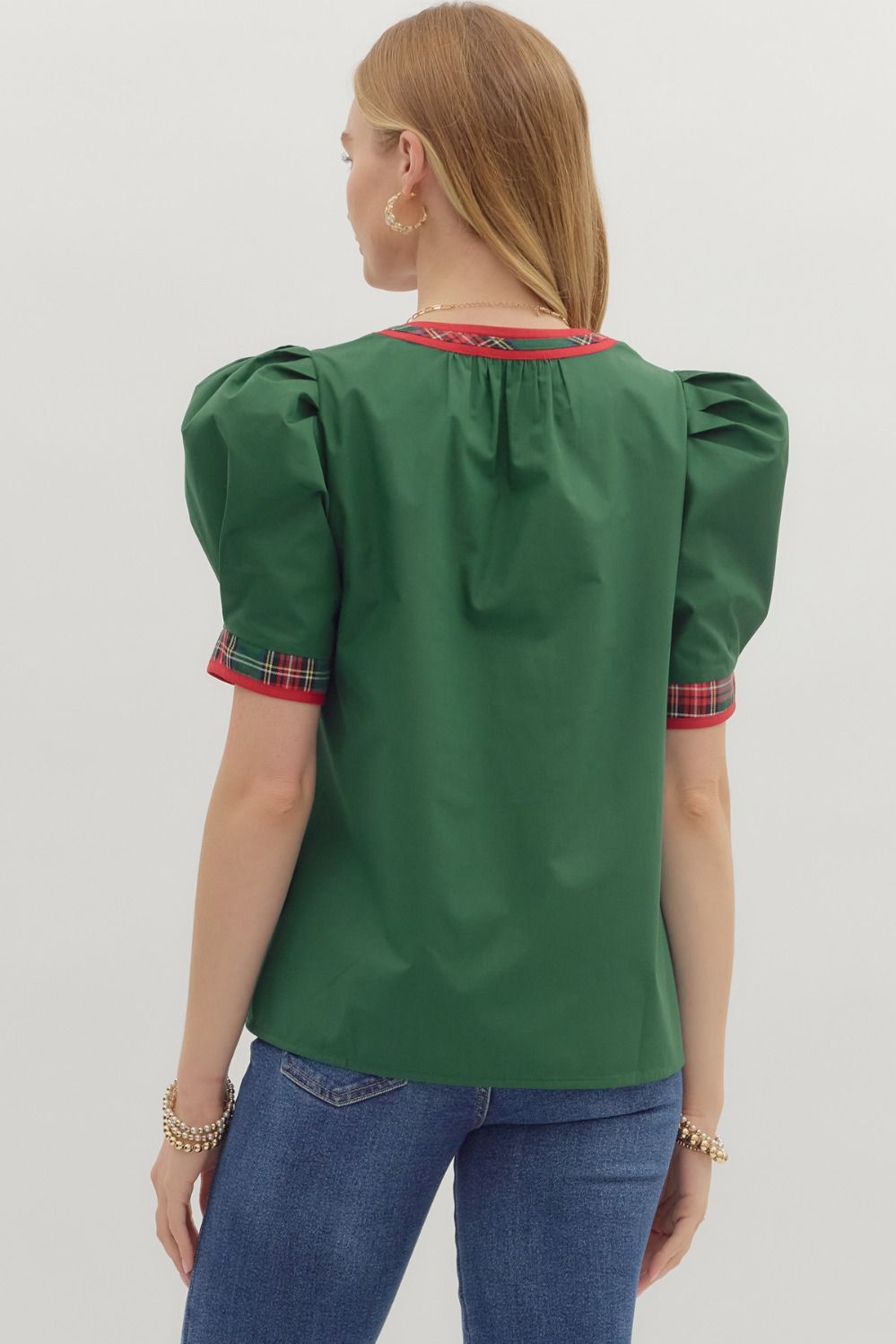 Green Short Sleeve Top With Plaid Accent