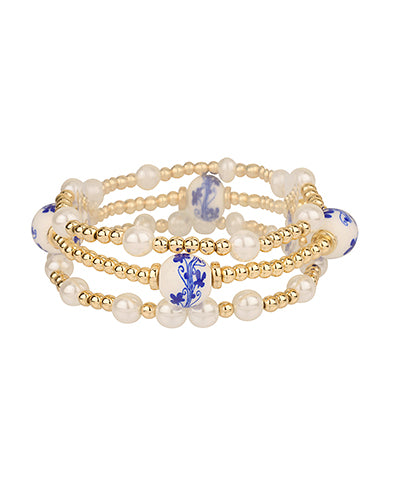 Gold/Blue 3 Row Ceramic Ball Bracelets