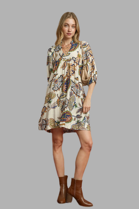 Cream Abstract Print Dress