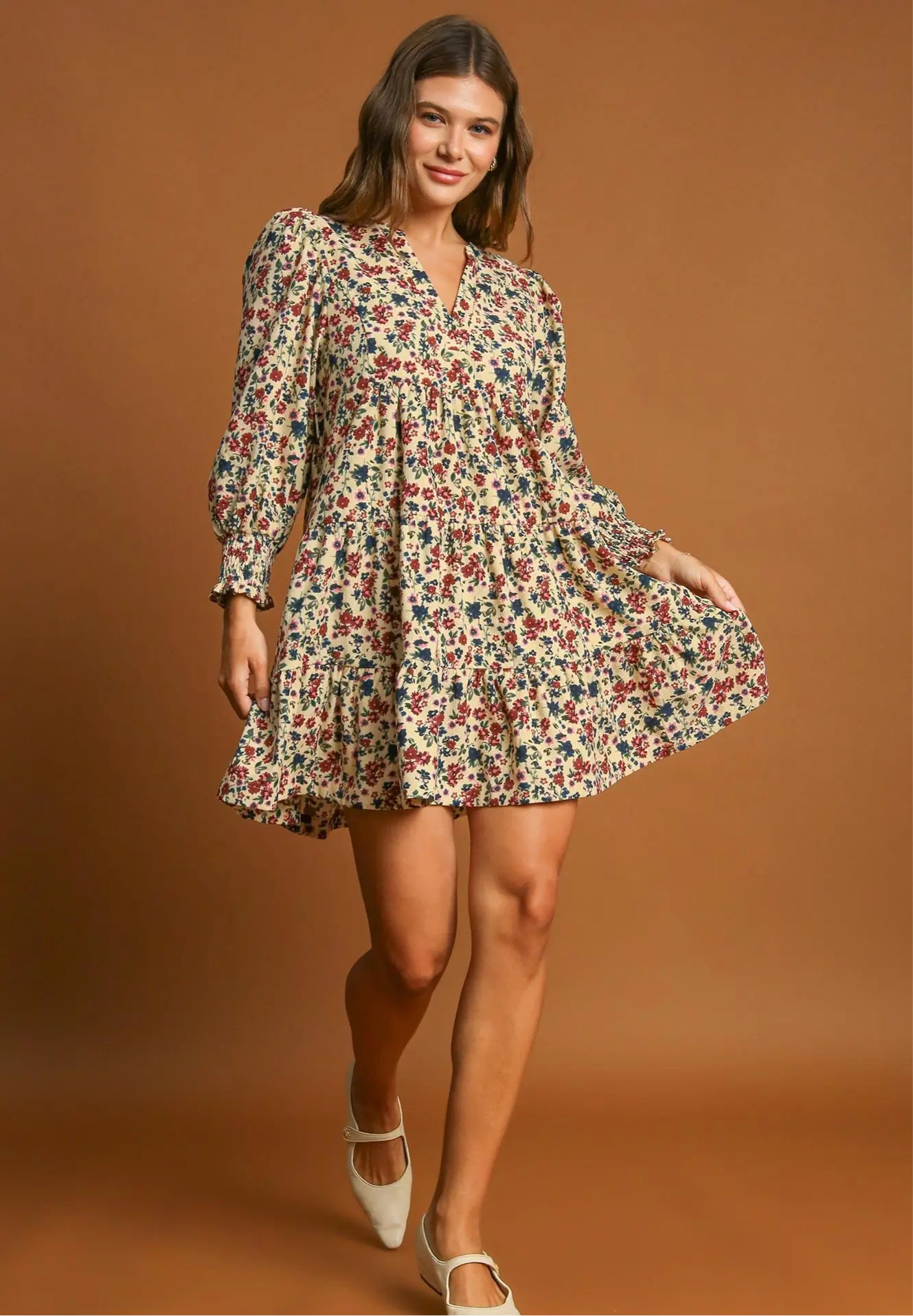 Oatmeal Floral Corduroy Dress