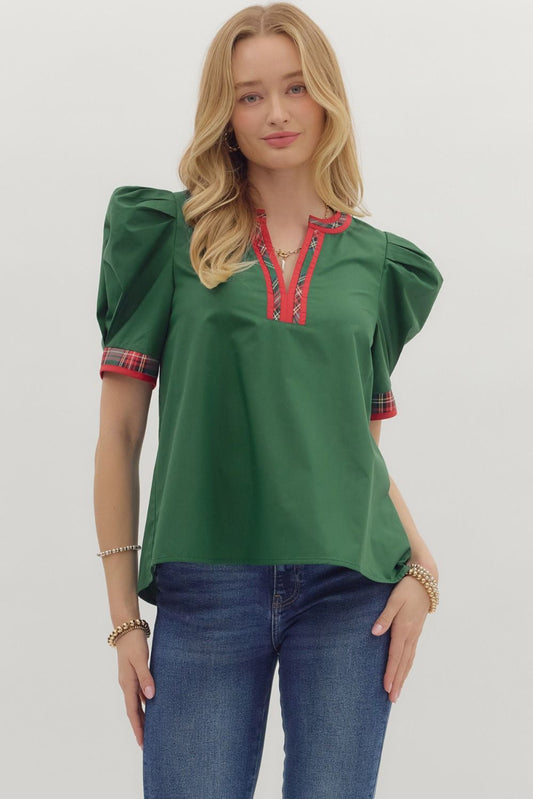 Green Short Sleeve Top With Plaid Accent