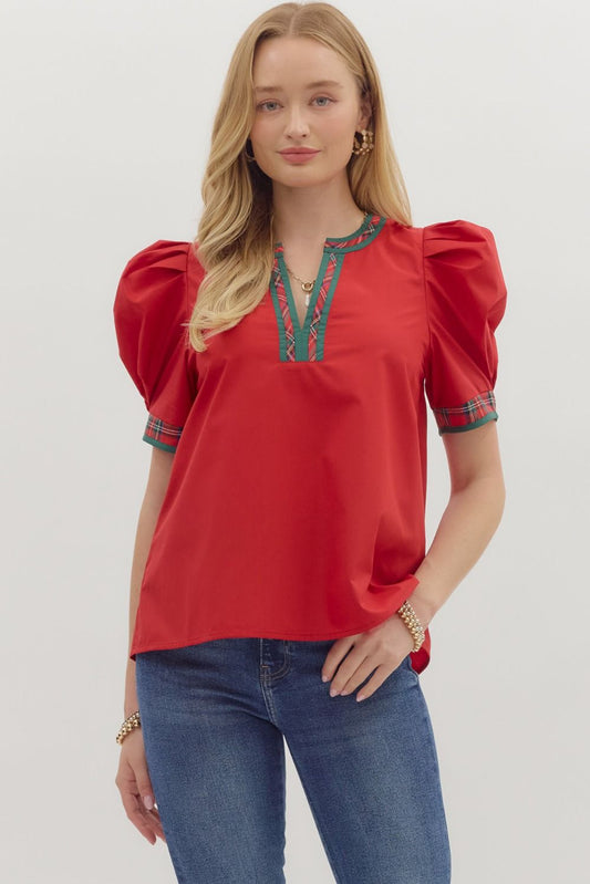 Red Short Sleeve Top With Plaid Accent