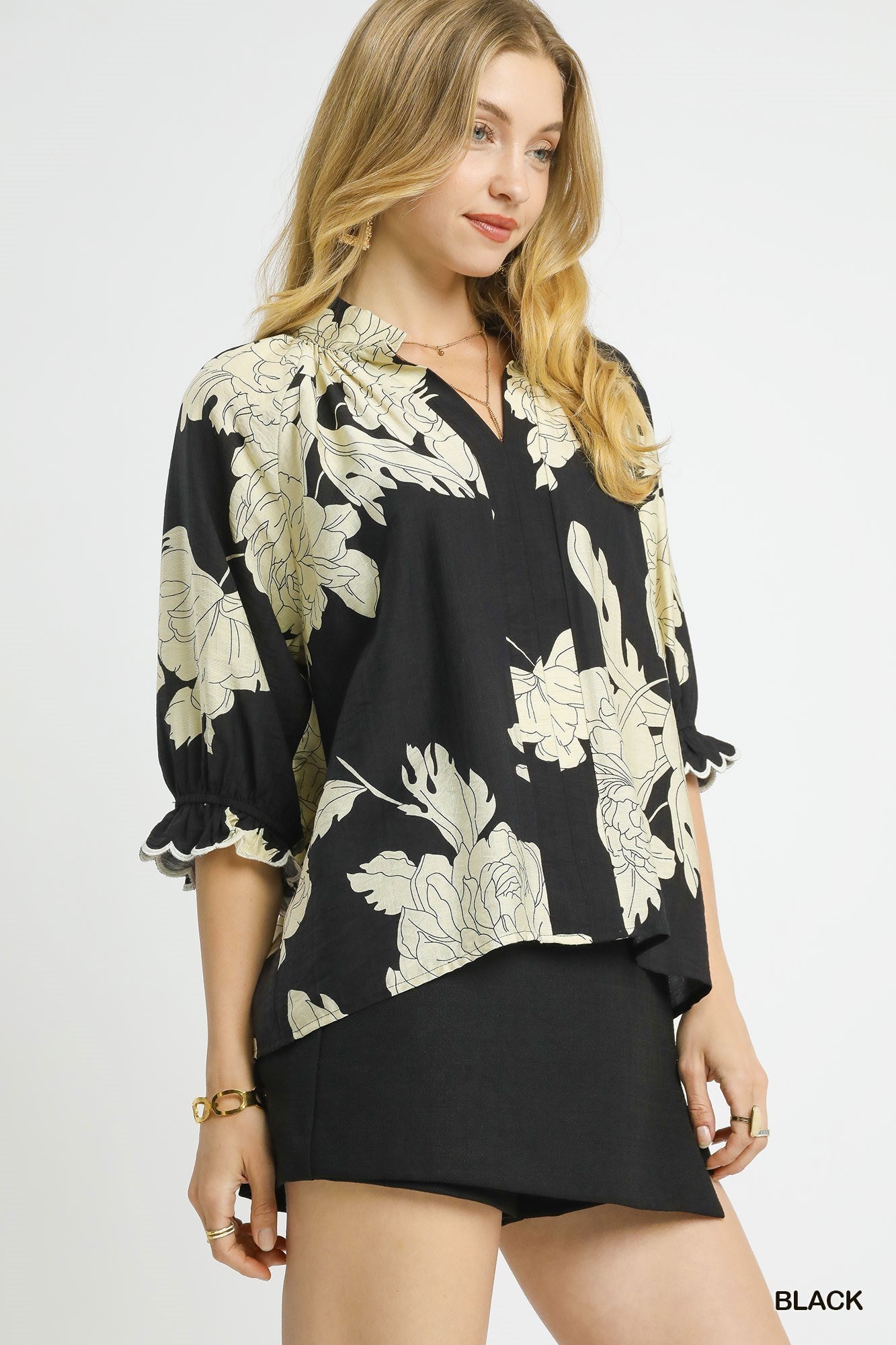 Black Peony Print High Neck Top