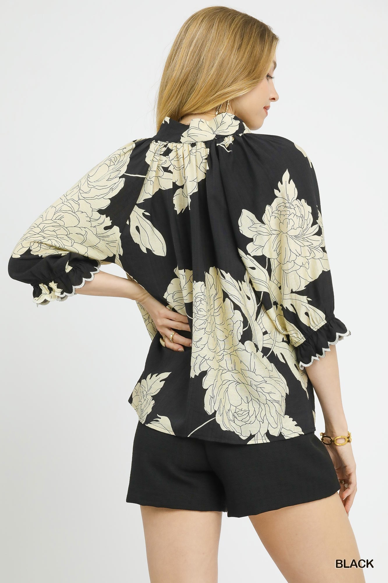 Black Peony Print High Neck Top