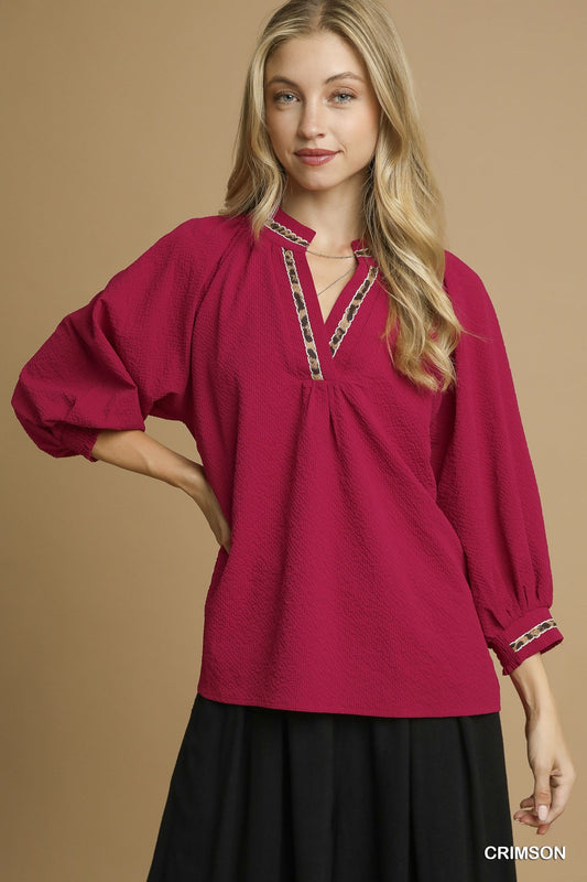 Crimson Puff Sleeves V Neck Collared Top
