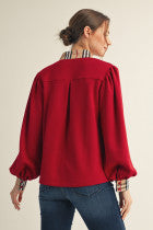 Red Long Sleeve Top With Plaid Contrast Hem