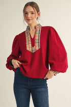 Red Long Sleeve Top With Plaid Contrast Hem