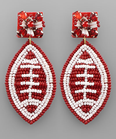 Burgundy/White Beaded Football Earrings