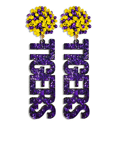 Tigers Yellow/Purple Beaded Pompom Earrings