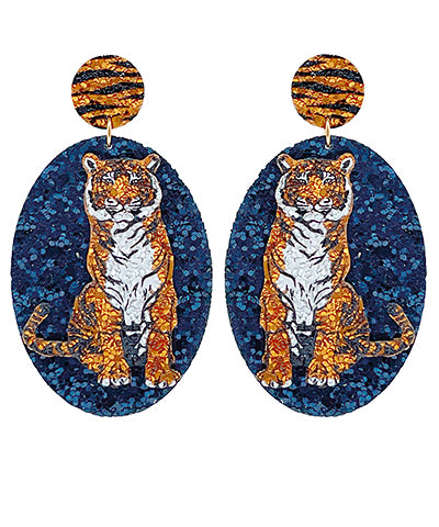 Navy/Orange Tiger Oval Glitter Earrings