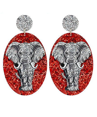Red/Gray Glitter Elephant Face Oval Earrings
