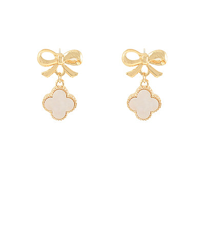 Gold/White Ribbon & Clover Earrings