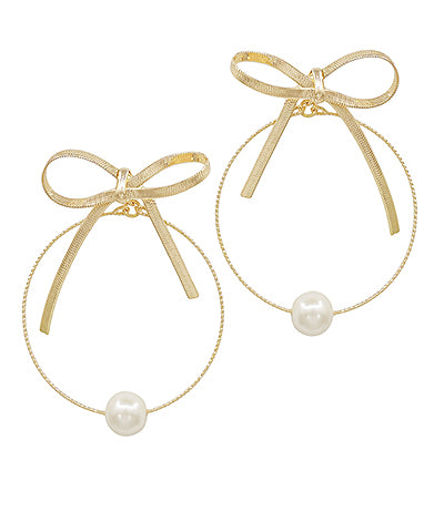 Cream/Gold Bow & Pearl Round Earrings