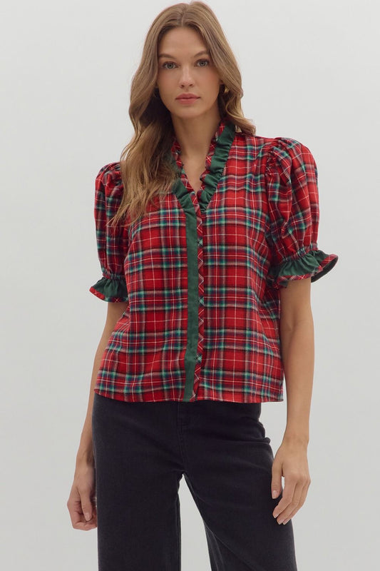 Red Plaid Short Puff Sleeve Top