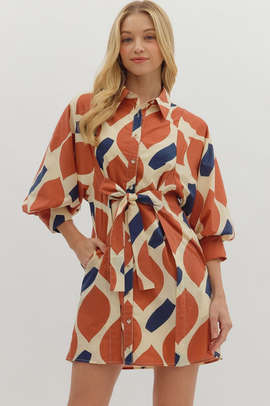 Ecru/Rust Printed 3/4 sleeve mini dress