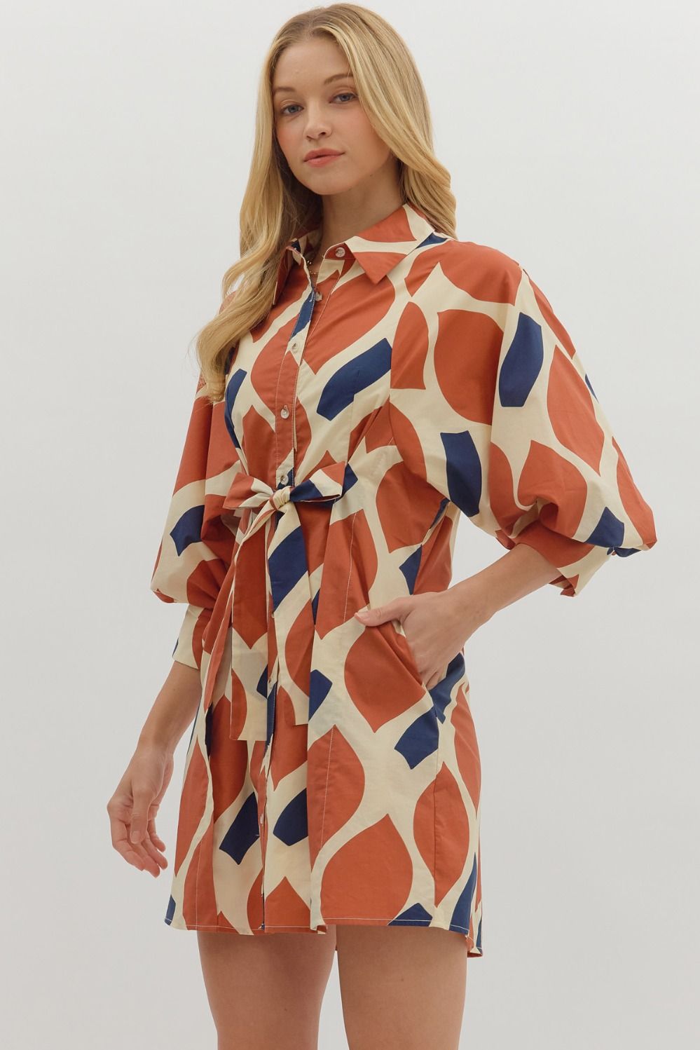 Ecru/Rust Printed 3/4 sleeve mini dress