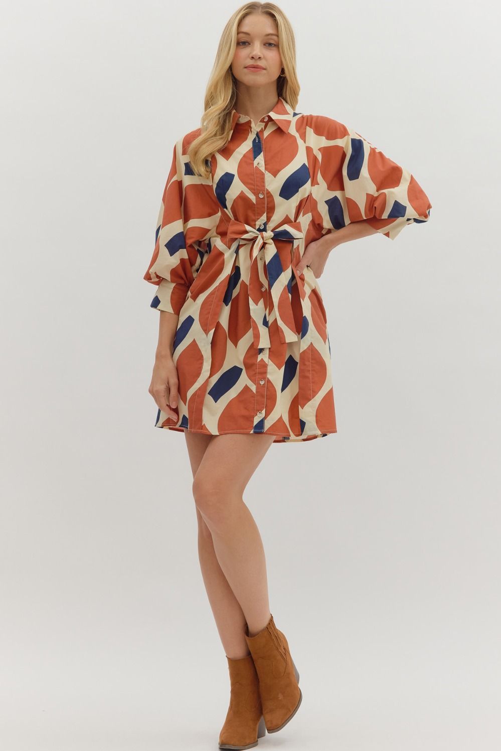 Ecru/Rust Printed 3/4 sleeve mini dress