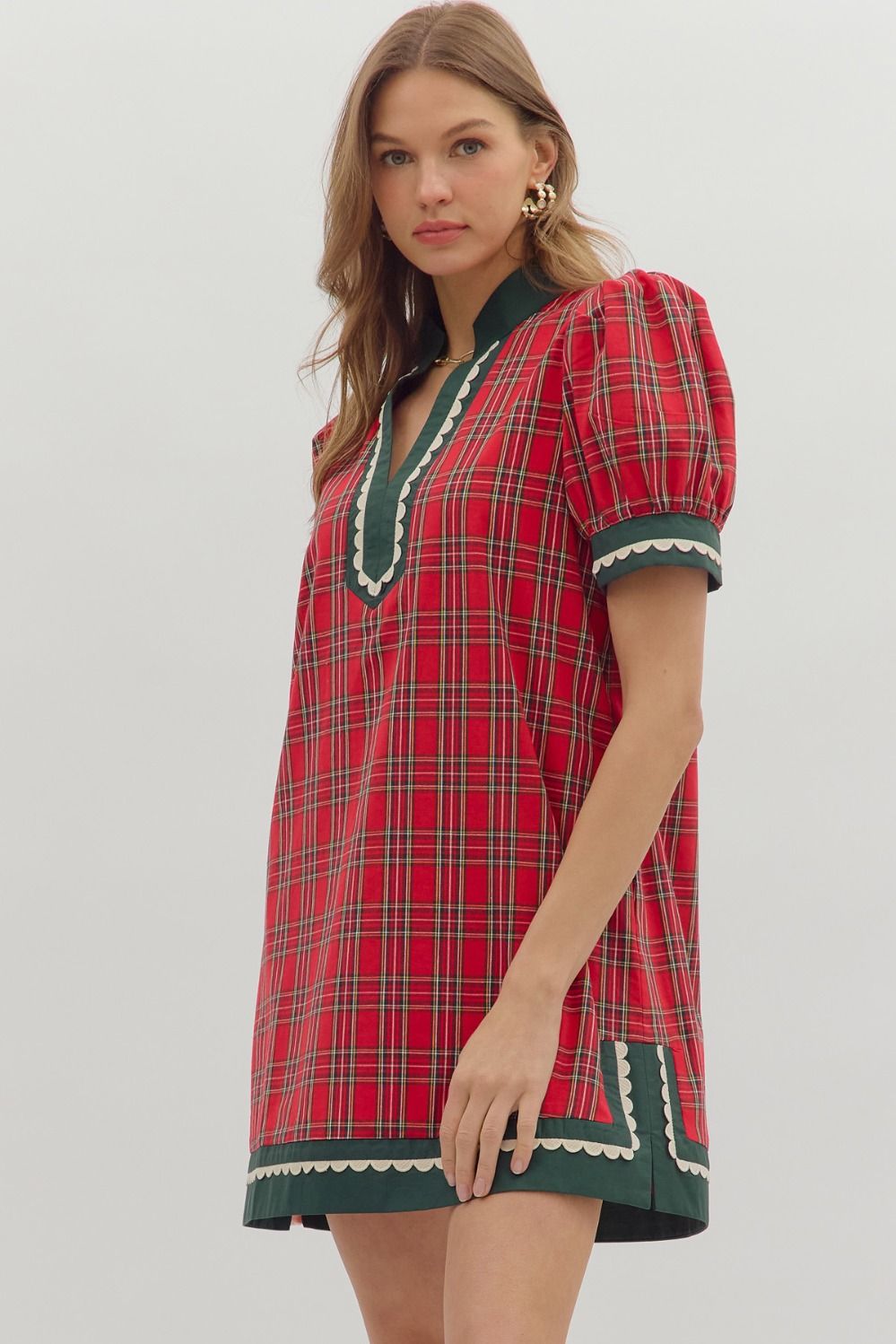Red plaid pattern short puff sleeve mini dress