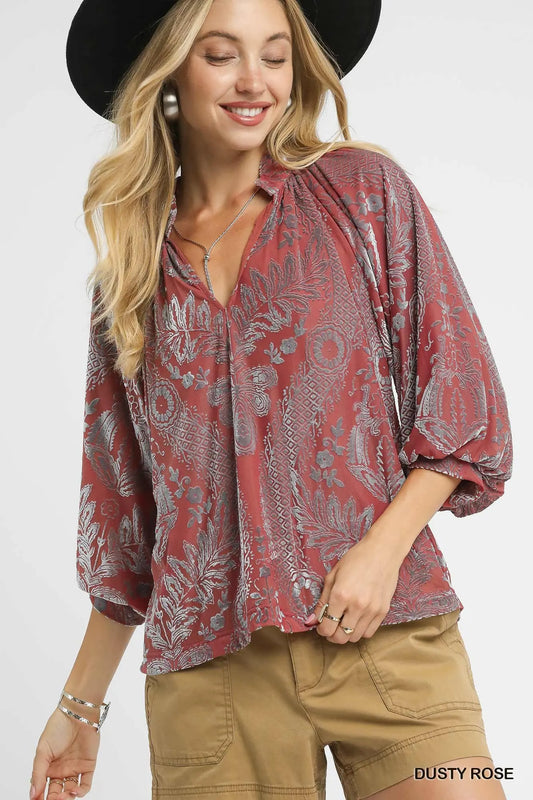 Dusty Rose Damask Print Velvet Split Neck Top