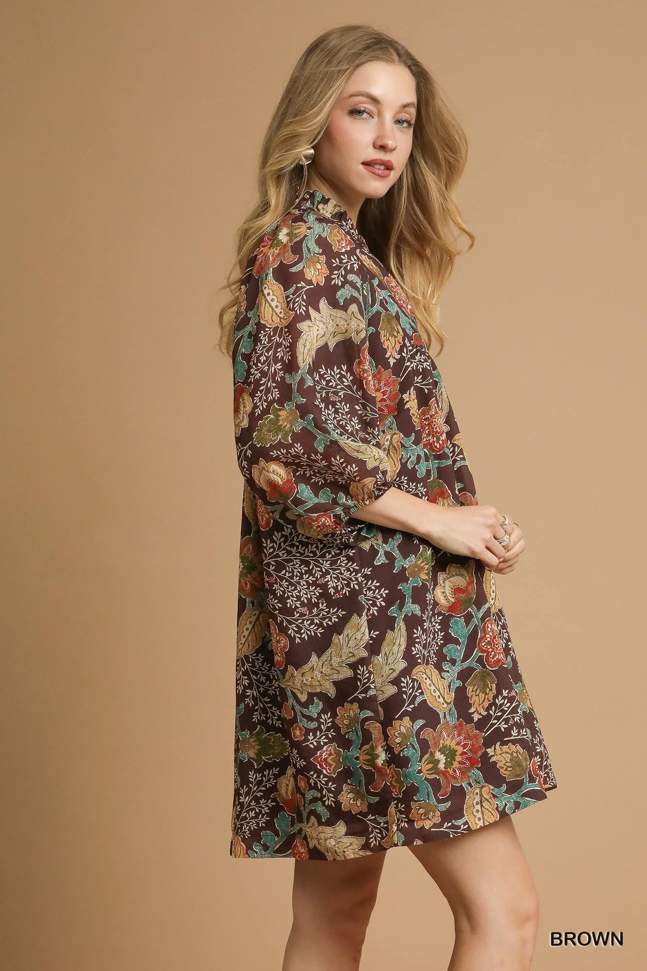 Brown Floral Ruffle Neck Mini Dress
