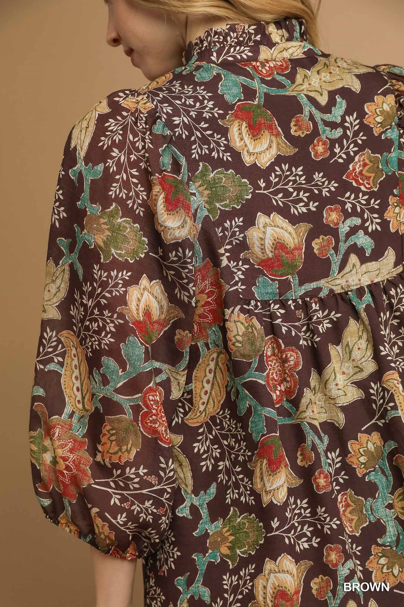 Brown Floral Ruffle Neck Mini Dress