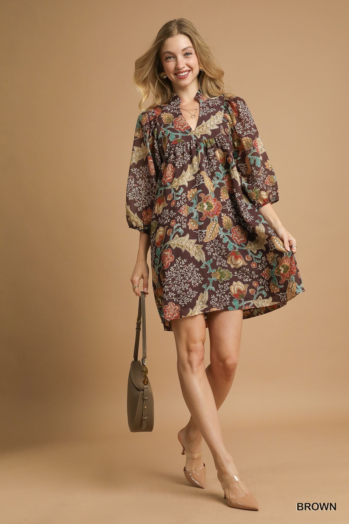 Brown Floral Ruffle Neck Mini Dress