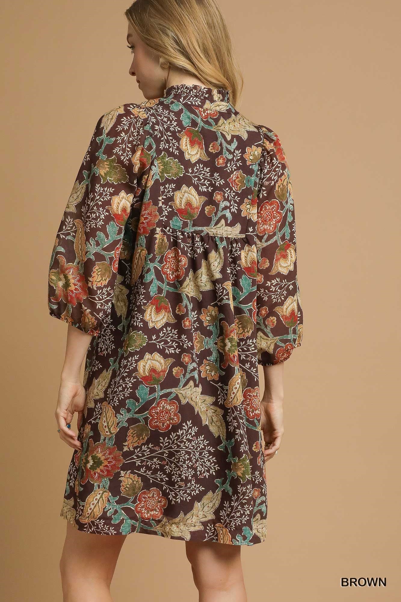 Brown Floral Ruffle Neck Mini Dress