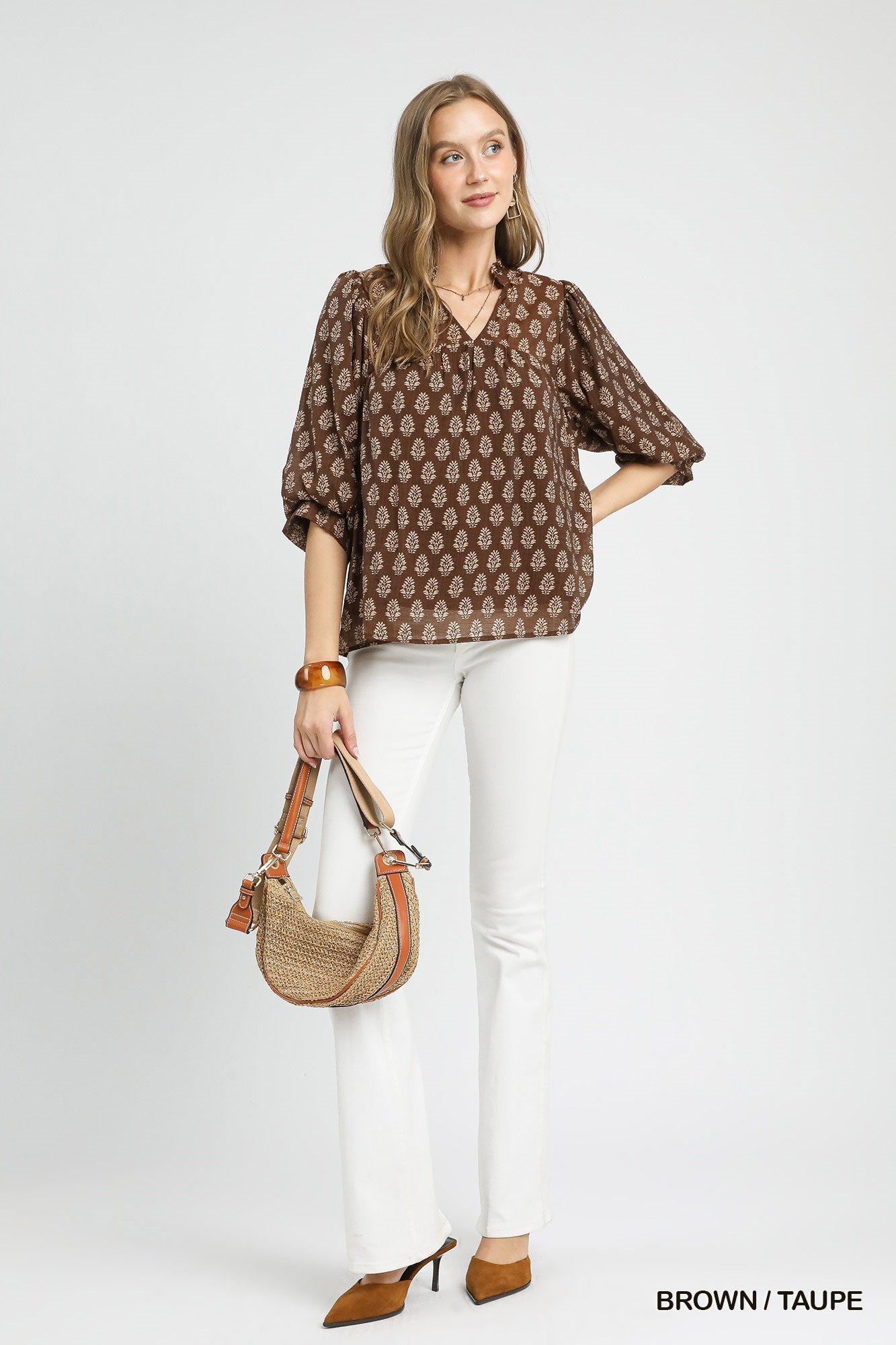 Brown Floral Print V-Split Blouse