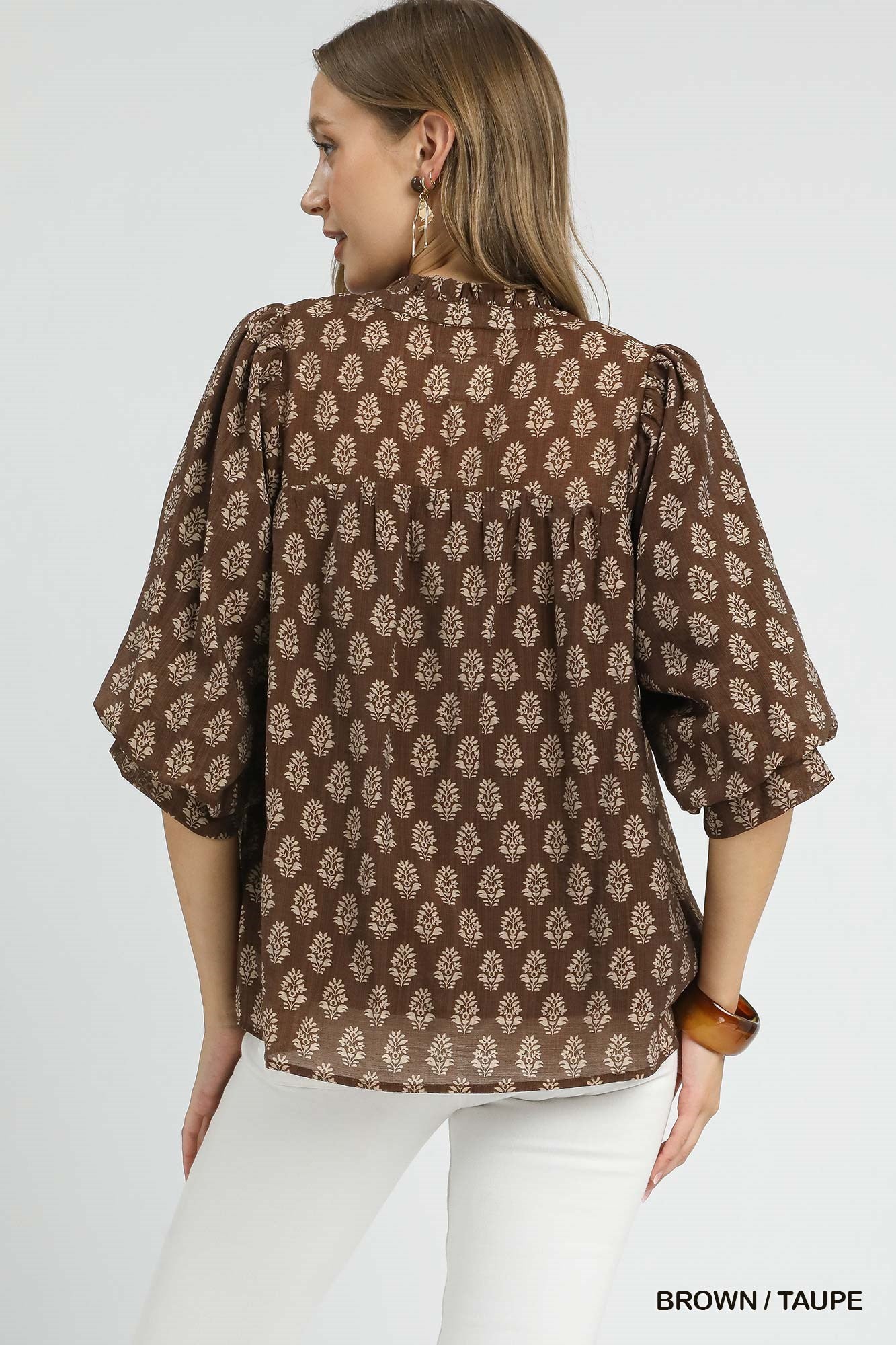 Brown Floral Print V-Split Blouse
