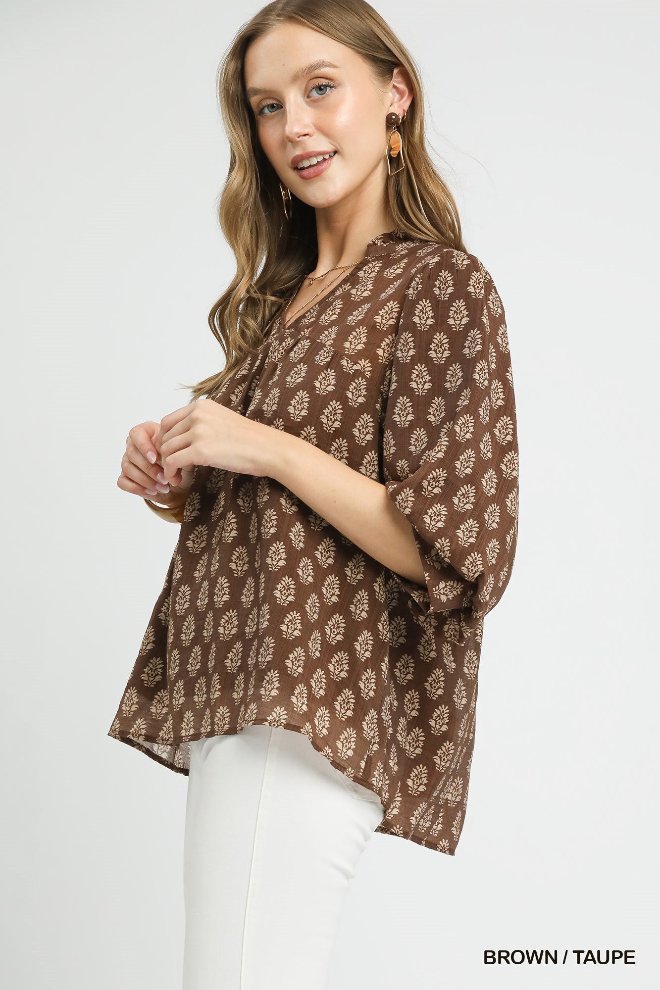 Brown Floral Print V-Split Blouse