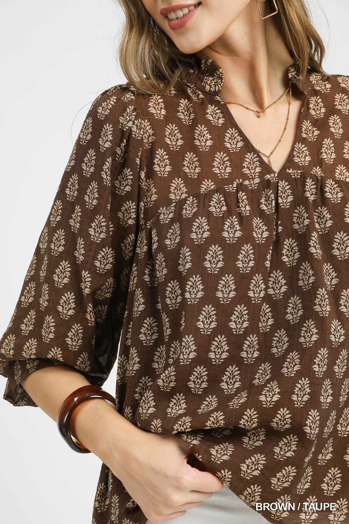Brown Floral Print V-Split Blouse