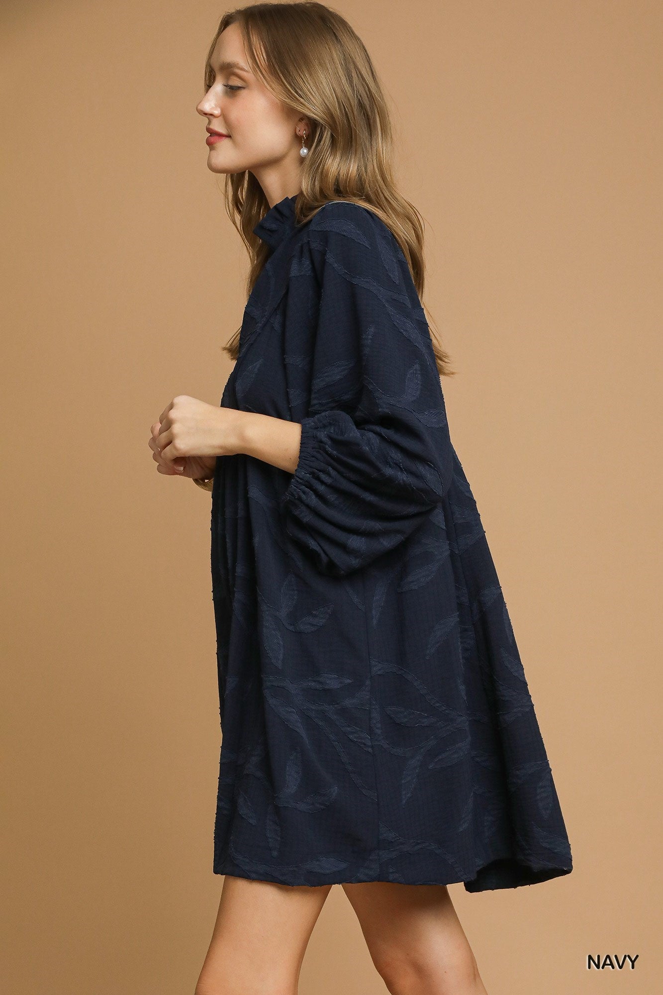 Navy Jacquard High Ruffle Neck Dress
