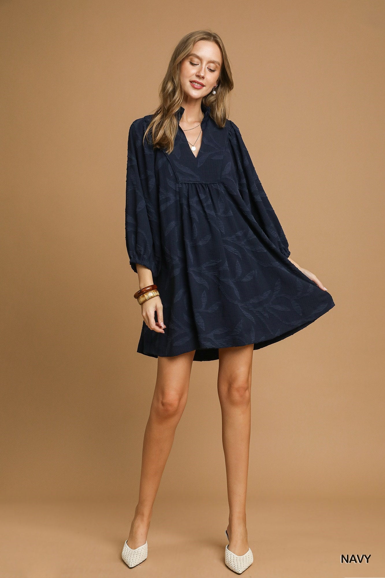 Navy Jacquard High Ruffle Neck Dress
