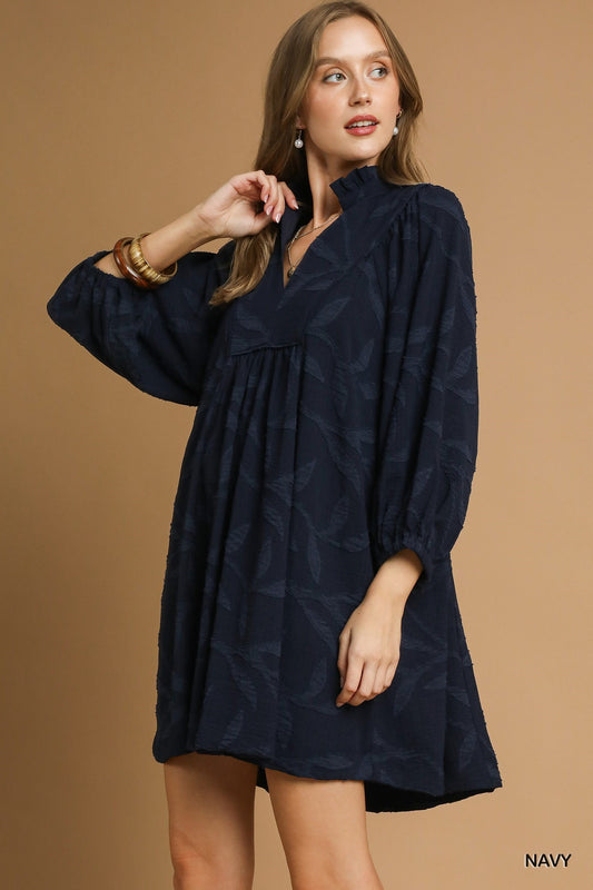 Navy Jacquard High Ruffle Neck Dress