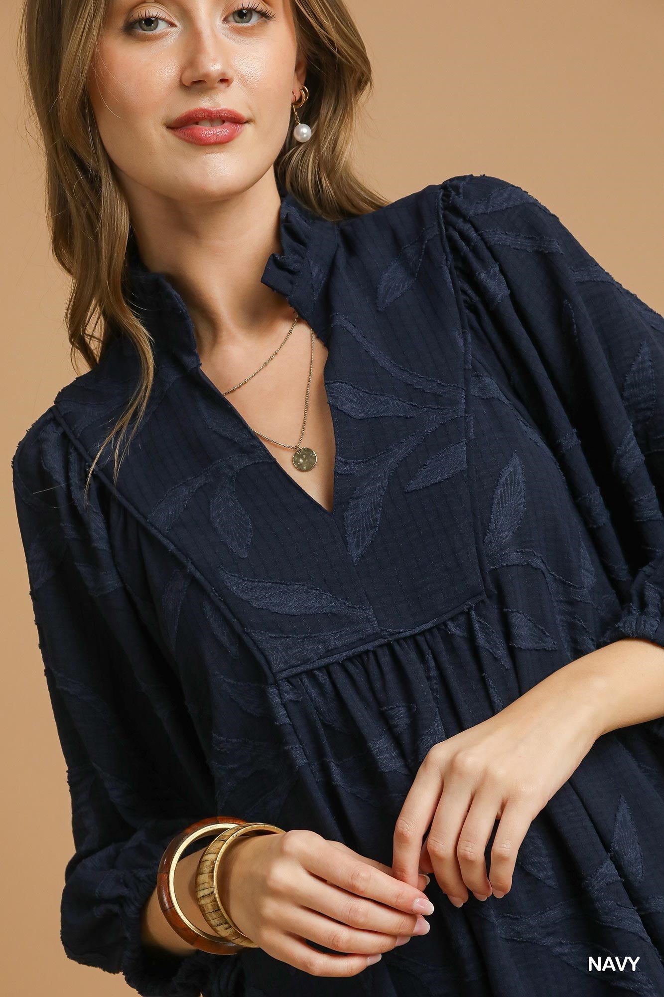 Navy Jacquard High Ruffle Neck Dress